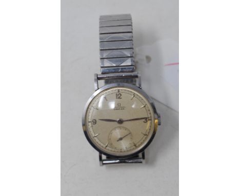 A gentleman's stainless steel Omega Chronometre wristwatch, with baton indices and numerals to the quarters, with a subsidiar