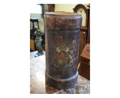 An early 20th century leather shell carrying case, with a Royal Coat of Arms, lacks straps, now as a stick stand, 44 cm high 