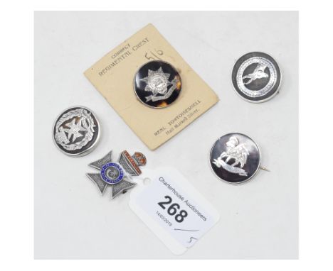 Four silver and tortoiseshell sweetheart brooches, Worcestershire Regiment (on original sales card), Rhodesia (inscribed June