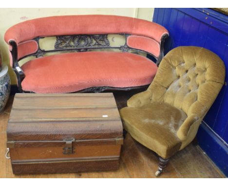 A late Victorian two seater settee, a nursing chair and a tin trunk (3) 