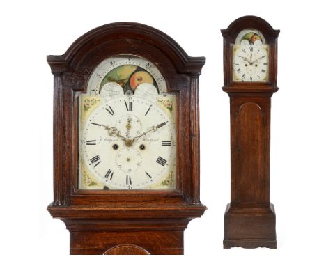 A longcase clock, the 30 cm arched square painted dial signed T Simpson, Hertford, with subsidiary seconds and calendar dials