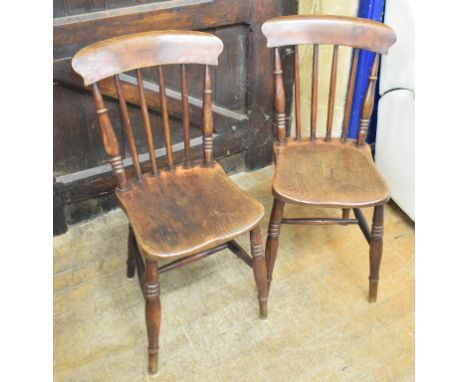 A pair of stick back kitchen chairs, with elm seats, a childs chair and a low chair (4) 