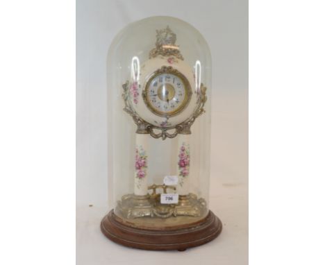 A portico style clock, under a glass dome, on a wooden base, 49 cm high 