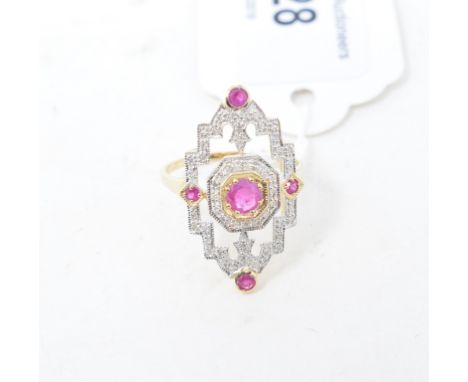 An Art Deco style 9ct gold, ruby and diamond panel ring, approx. ring size QReport by NGModern 