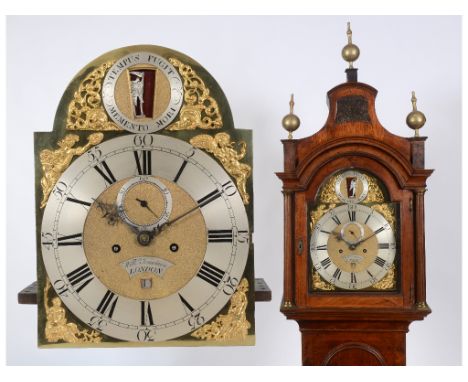 An automata longcase clock, the 30 cm arched square brass dial signed Willm Jourdain, London on a silvered tablet to the matt