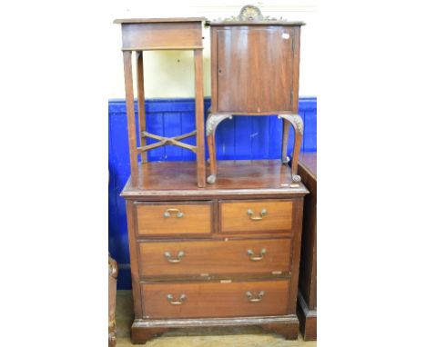 An inlaid mahogany chest, of two short and two long drawers, on bracket feet, 85 cm wide, an occasional table and a pot cupbo