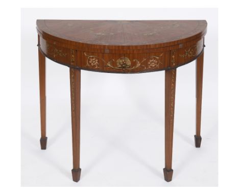 A late Victorian D shape card table, veneered in satinwood and with painted floral decoration, on tapering square legs with s