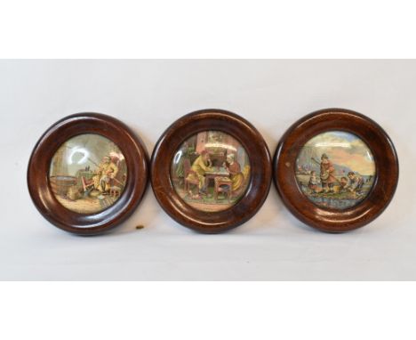 A Victorian pottery pot lid, The Enthusiast, framed, two others similar, assorted first day covers, stamps and items (box) 