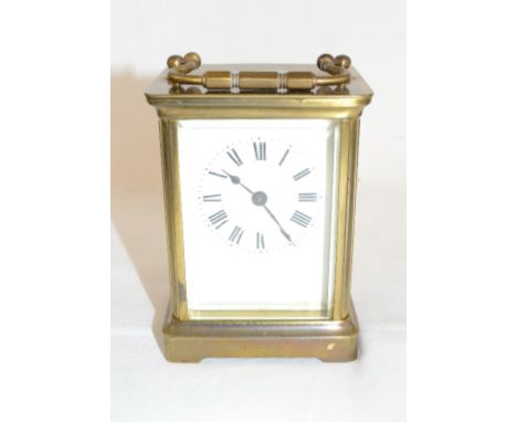 A carriage timepiece, the enamel dial with Roman numerals, in a brass four pillar case, 14 cm highReport by RBDial cracked an