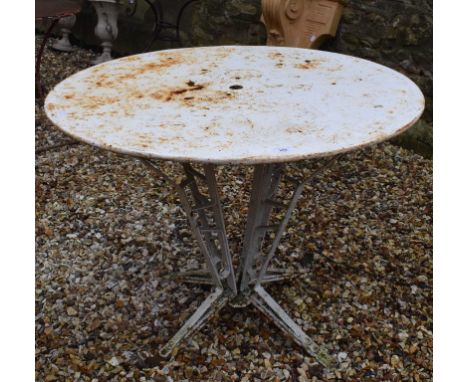 An early 20th century painted metal garden table, on an architectural style base, 96 cm diameter 