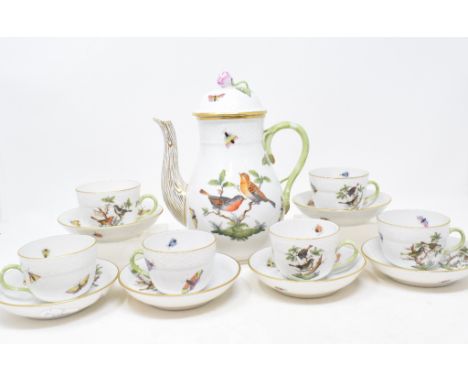 A Herend Rothschild Bird pattern coffee pot and cover, 1477/RO 20.5 cm high, and six matching cups and saucers (qty)Report by