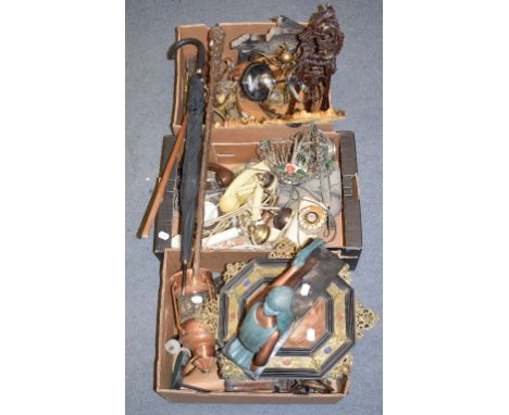 Two novelty table lights, a knobkerrie style walking cane, telephones and other items (3 boxes) 