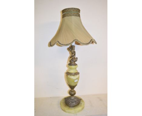 An onyx and gilt metal table lamp, 50 cm high, five other table lamps, and a candelabrum (7) 