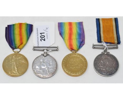 A British War Medal and Victory Medal, awarded to 30217 Pte R J Foot O Bucks LI, and another pair, awarded to 27299 Pte AHL F