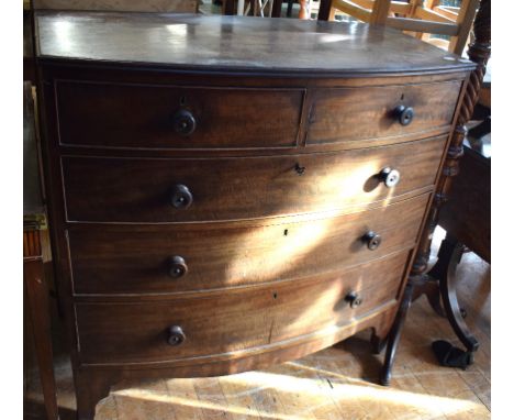 A Victorian mahogany bow front chest, of two short and three long drawers, on bracket feet, 107 cm wide 