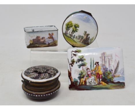 An enamel box and cover, decorated a landscape with a figure to the foreground, 5 cm diameter, an amethyst glass box and cove