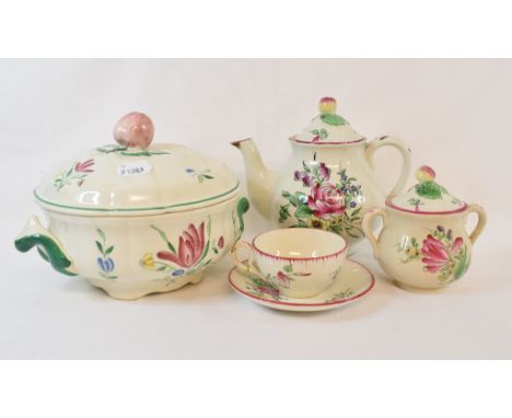 A matched French pottery tea and dinner service, decorated flowers and fruit, assorted Sowerby white glass plates, and other 