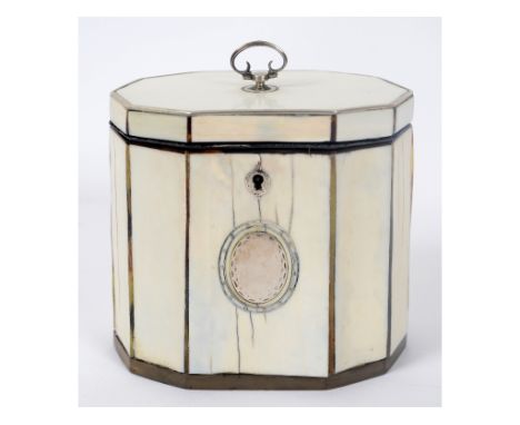 A late 18th century decagonal tea caddy, veneered in ivory, 11 cm wide See illustrationReport by RBPlated/silver coloured met