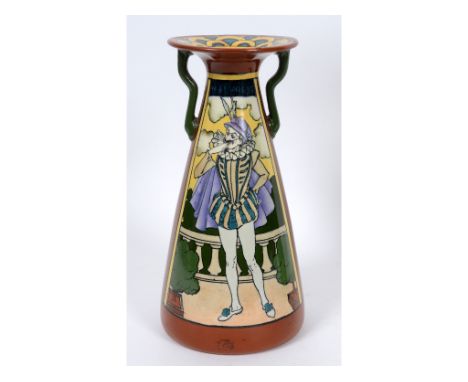 A Wileman & Co The Foley Intarsio vase, decorated Shakespeare's Twelfth Night characters, Malvolio and Sir Toby Belch, restor