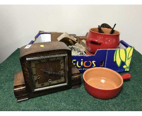 Two boxes of oak mantel clock, storage box, cutlery, wooden bowls etc 