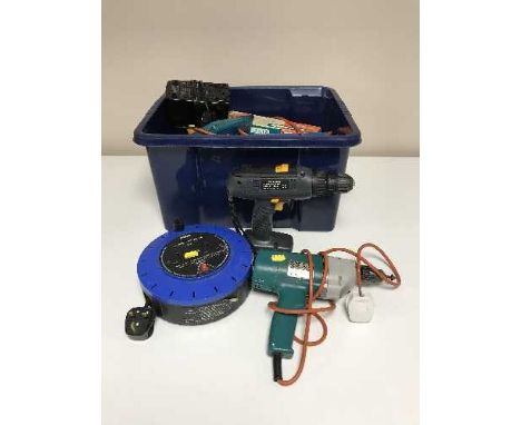 A box of tools, extension lead, drills etc 