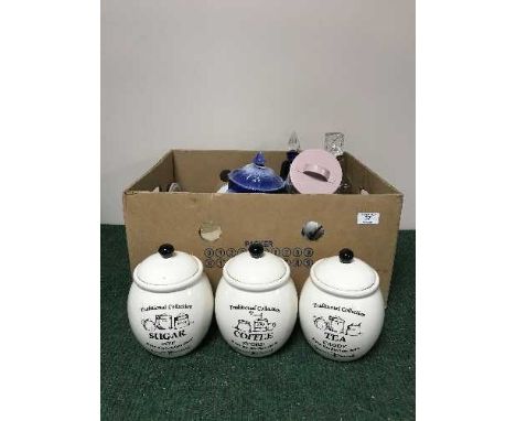 A box of china, ginger jars, storage pot, crystal decanter 