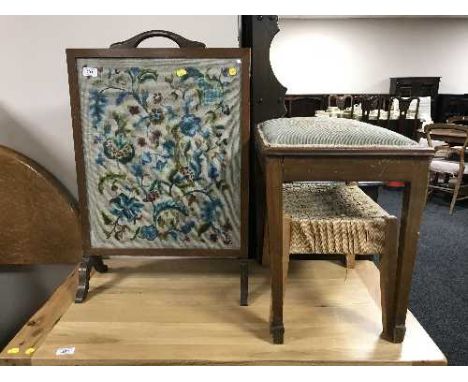 A framed tapestry fire screen, stool and footstool 