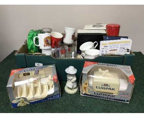 A box of china, Lurpack butter dish, cups, saucers etc 
