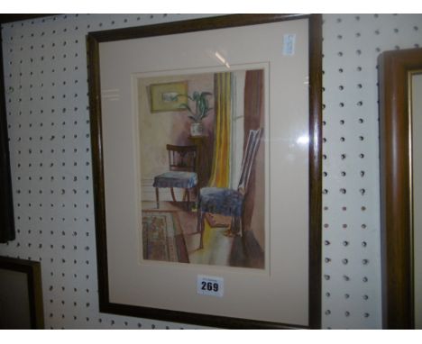 WATERCOLOUR 'INTERIOR OF A LIVING ROOM' C1920'S BY IMPRESSIONIST, DK SNOW