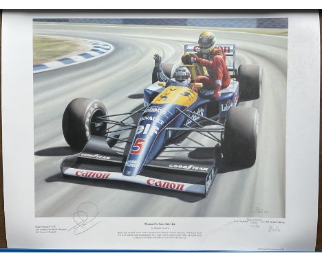 Nigel Mansell signed Mansell's Taxi Service colour print.  Publishers proof number 17 of 30.  Also signed by artist Robert To