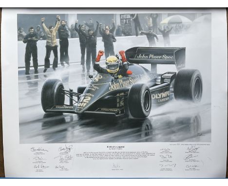 Birth of a Legend print by Robert Tomlin.  Multi signed by 11 of Sennas team and the artist.  Signed by Steve Hallam, Tim Den