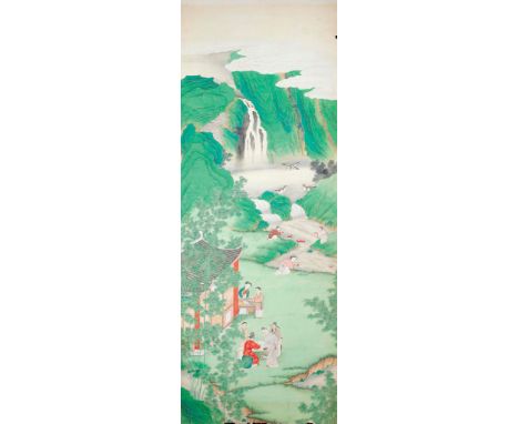  A set of twelve Chinese painted wallpaper panels  , 19th century, depicting children playing and other figures amongst lands
