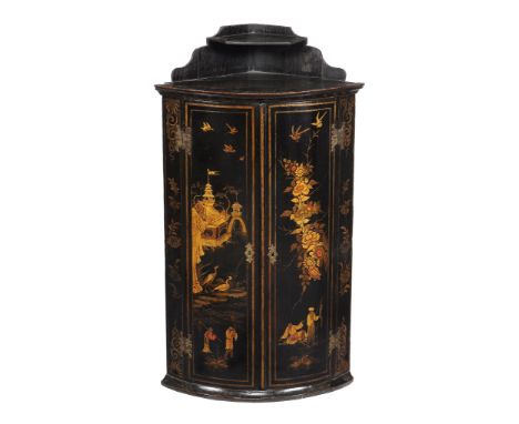  A George I black lacquer and gilt japanned hanging bowfront corner cupboard,   circa 1720, attributed to John Belchier, the 