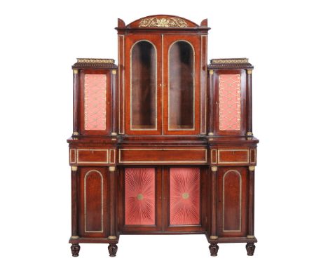  A Regency fiddleback mahogany and gilt metal mounted secretaire cabinet,   circa 1815, in the manner of George Bullock, the 