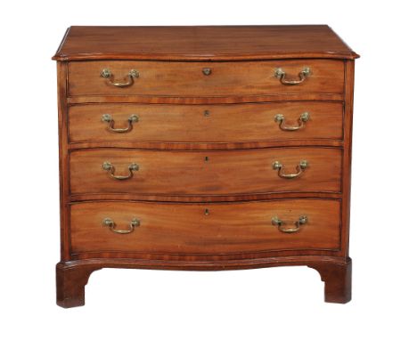  A George III mahogany serpentine fronted chest of drawers,   circa 1770, the moulded top above a drawer fitted with a baize 