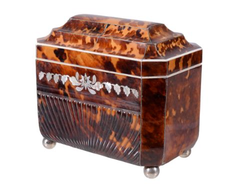 Ω A George IV or William IV tortoiseshell veneered, ivory banded and mother-of-pearl marquetry tea caddy, circa 1830, of rect