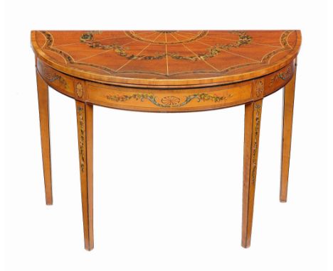 Ω A George III satinwood and painted folding card table, circa 1810, decorated with tulipwood crossbanding and painted overal