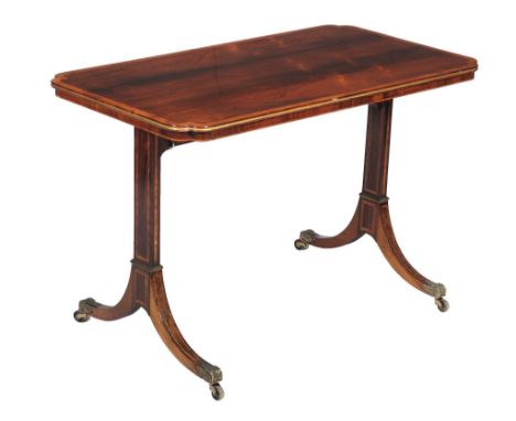 Ω A Regency rosewood and satinwood banded library table, circa 1815, attributed to Gillows, the rectangular top with a shallo