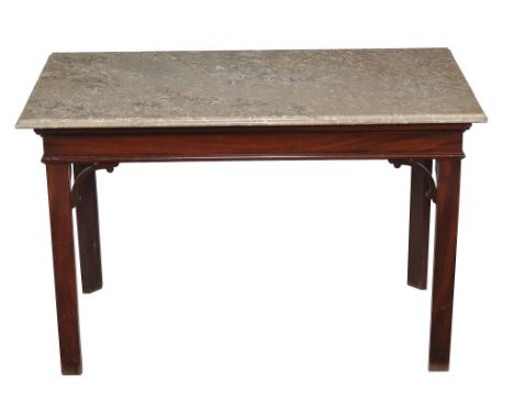  A mahogany and marble topped console table,   the base George III, circa 1770, the fossilised grey marble top, circa 1780, t