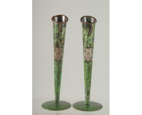 A PAIR OF GREEN ENAMEL FLUTED VASES. 6.75ins high.