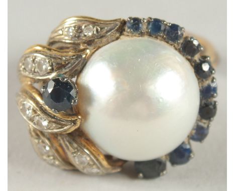 A 14CT GOLD LARGE PEARL, SAPPHIRE AND DIAMOND RING.