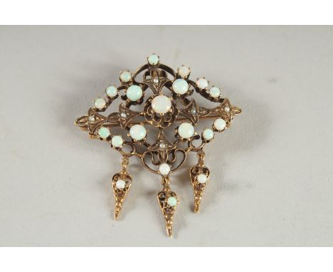 A GOOD OPAL AND SMALL PEARL BROOCH in 14ct gold.