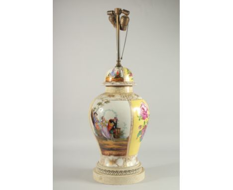 A GOOD DRESDEN DESIGN YELLOW GROUND PORCELAIN LAMP. 18ins high.