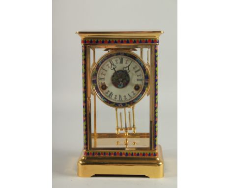 A GOOD FRENCH BRASS AND CLOISONNE ENAMEL FOUR GLASS CLOCK. 11.5ins high.
