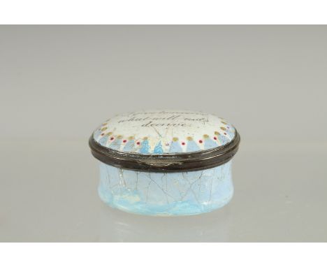 A BILSTON BLUE OVAL ENAMEL PATCH BOX "I GIVE TO RECEIVE WHAT WILL NOT DECEIVE" . 1.5ins x 1.5ins.