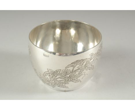 A VICTORIAN SILVER CIRCULAR BOWL. 3.5ins diameter engraved with ivy. London 1882.  Maker: W. R. J. Weight:4ozs.