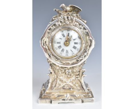 Berthold Muller Edward VII hallmarked silver novelty miniature mantel or dressing table clock with ornate embossed decoration