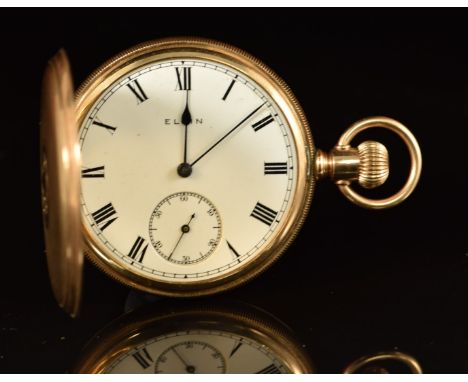 Elgin 9ct gold keyless winding full hunter pocket watch with subsidiary seconds dial, blued hands, black Roman numerals, whit