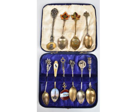 Ten various souvenir spoons to include two hallmarked silver and a French silver example, enamel Canadian and German examples