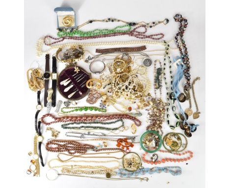 A collection of costume jewellery including beads, watches, Timex watch, chains and pendants, glass beaded necklaces, Sphinx 